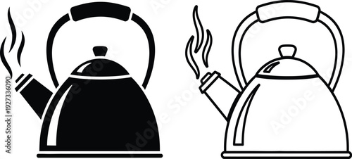 Black and white kettle icons with steam rising from spouts