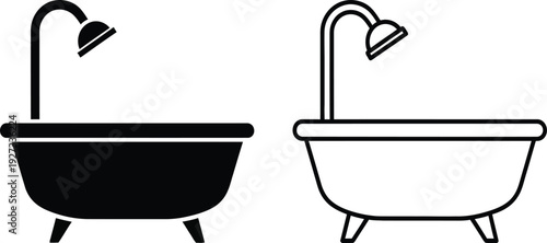 Vector illustration of two bathtubs with shower heads in black and white