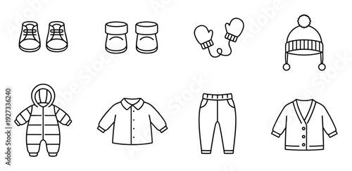 Kids winter clothing collection featuring hats, mittens, shoes, boots and warm jackets with pants