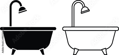 Two bathtubs with shower heads in black and white