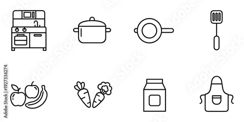 Kitchen interior and cooking process line icons with appliances healthy food and textile accessories