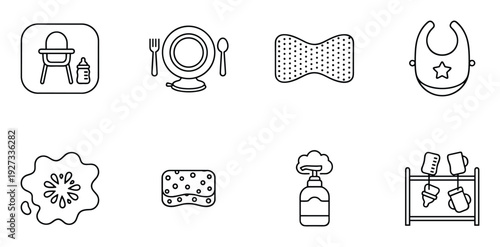Infant feeding and nursing supplies line icons featuring bib high chair and bottle drying rack set