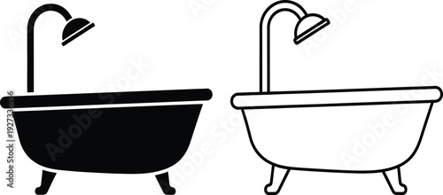 Two bathtubs with shower heads in black and white