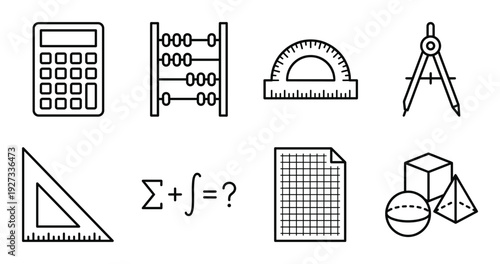 Math and geometry tool set for education such as calculator, abacus, protractor, compass, and shapes