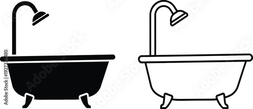 Vector illustration of two bathtubs with faucets in black and white
