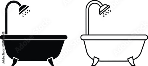 Vector illustration of two bathtubs with shower heads in black and white on a pure