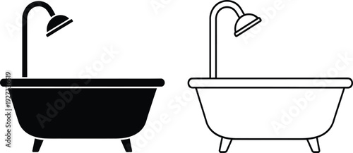 Black and white bathtub icons with shower heads