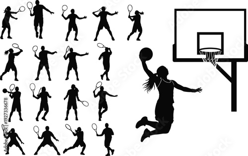 Tennis players and basketball dunk silhouette collection, dynamic sports action isolated on white background