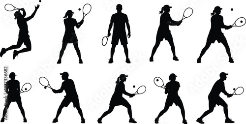 Tennis player silhouette set serving forehand backhand action sport vector illustration collection