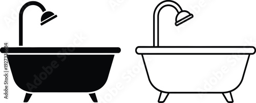 Two bathtubs with shower heads in black and white line art styles