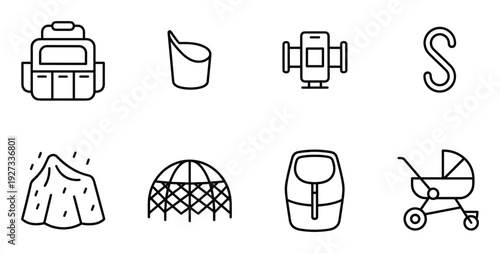 Park playground and baby care line icons featuring stroller backpack climbing frame and sand bucket