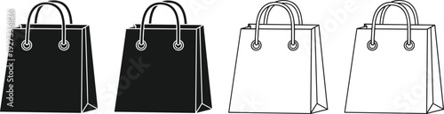 Shopping bag icon set, retail paper package black white