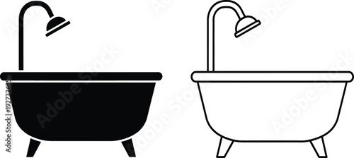 Vector illustration of black and white bathtub icons with shower heads on a pure