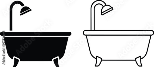 Black and white line art illustrations of two bathtubs with shower heads