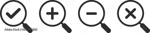 Search validation icons set, magnifying glass check plus minus