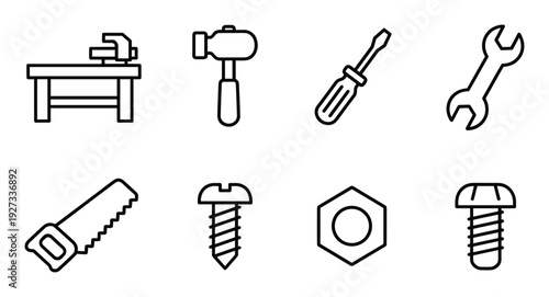 Professional hardware tools and workshop equipment icons for carpentry maintenance and construction