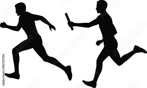 Relay race runners silhouette, track and field baton exchange isolated on white background