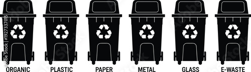 Recycling waste segregation bins for organic plastic paper metal glass e-waste management system