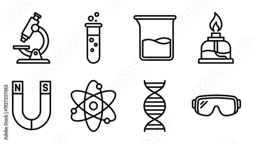 Science and chemistry equipment such as microscope, test tube, beaker, burner, magnet, and atom