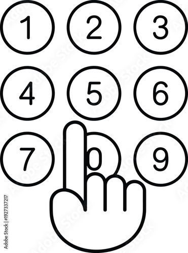 Number keypad icon with hand pressing button isolated on white background
