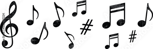 Music notes and symbols set, black grunge vector illustration collection