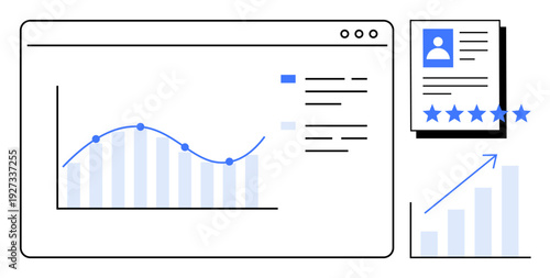 Graph chart with data points on a dashboard, user profile with rating stars, and upward growth graph. Ideal for data analysis, performance tracking, business strategy, statistics, feedback systems
