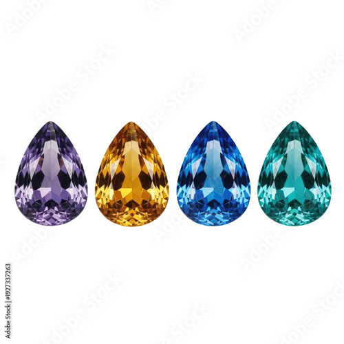 Four faceted teardrop gemstones in purple amber blue and teal isolated on a transparent background