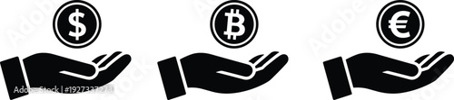 Money investment icon set, dollar bitcoin euro financial support symbol