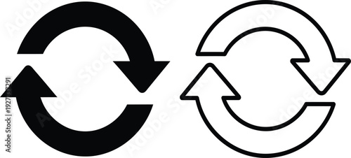 Black and white recycling symbol icons with arrows in circular motion