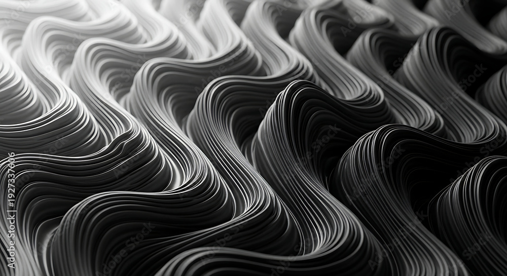 Obraz premium abstract wavy lines forming a dynamic grayscale texture creating a minimalist and fluid motion background for modern design concepts.