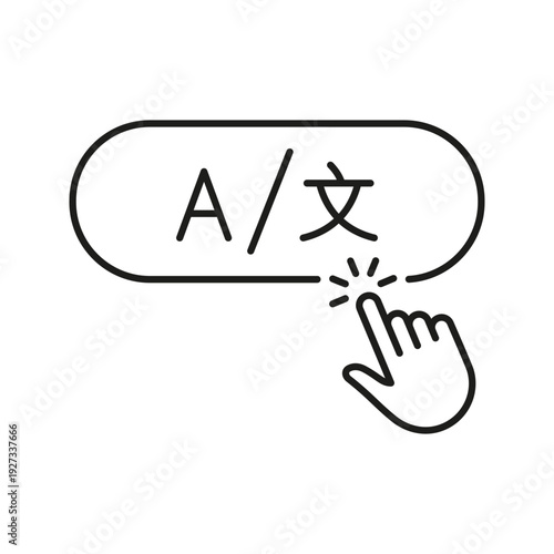 Language Selection Button With Hand Click Line Icon. Multilingual Interface, Translation, And Language Change Outline Symbol. User Interaction. Editable Stroke. Isolated Vector Illustration