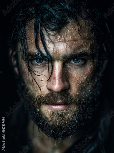 Intense wet bearded man close-up portrait with piercing eyes, dramatic moody lighting