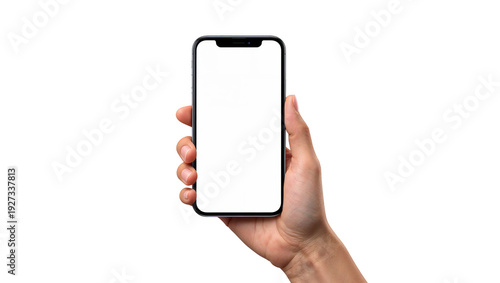 A hand holding a white iphone with a blank screen on a black background