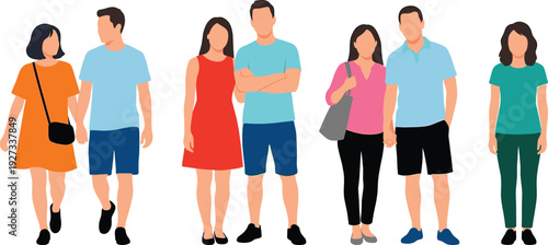 Vector illustration of diverse young couples and a single woman walking and standing in casual summer clothing, flat design