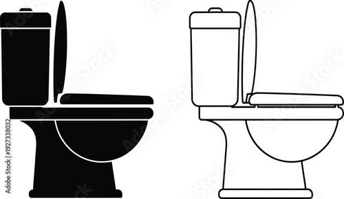 Two toilet icons in black and white with lids up