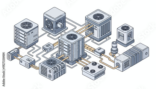 Isometric illustration of industrial air conditioning system components.