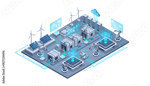 Isometric illustration of a futuristic industrial complex with renewable energy sources.