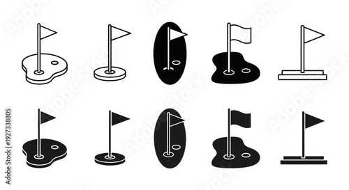 Collection of golf flag icons in various styles and designs on a neutral background from a straightforward viewpoint