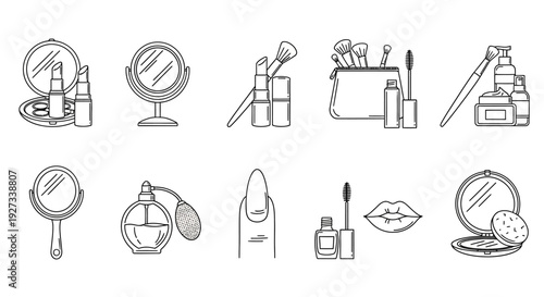 Collection of beauty and cosmetics icons, makeup products and accessories in line art style, isolated on a plain background, viewed from directly above