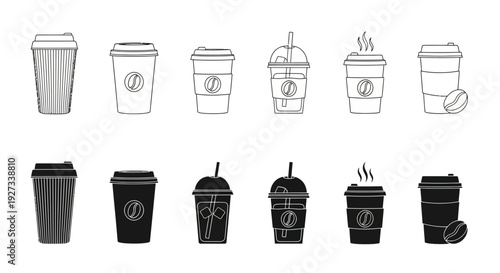 Assorted coffee cups and mugs in various designs and temperatures, illustrated in black and white, from different viewpoints.