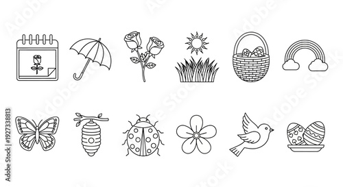 A collection of spring-themed icons including flowers, butterflies, and birds, depicted in a simple line art style on a clean background.
