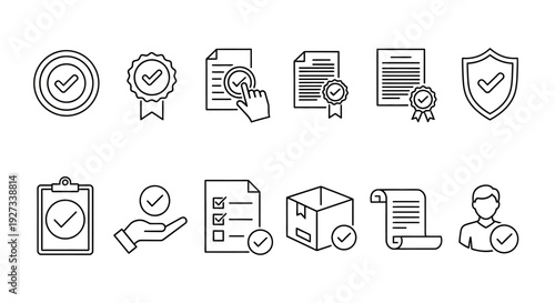 A collection of icons representing approval, verification, and documentation in a line style, featuring checkmarks, certificates, and documents.