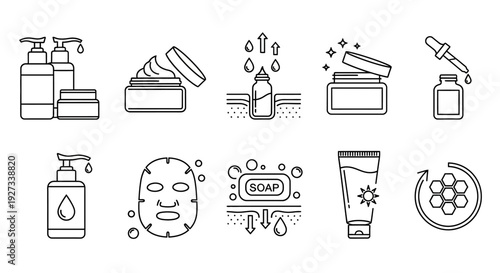 A collection of skincare icons featuring various beauty products and ingredients, set against a clean background, showcasing a range of cosmetics and treatments from a straightforward perspective.