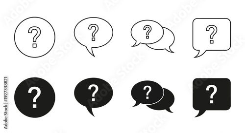 A collection of black and white question mark icons in various speech bubble shapes and styles on a plain background viewed from directly above.