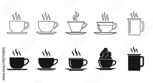 Assorted coffee cups and mugs in various styles with steam rising, isolated on a plain background, viewed from directly above