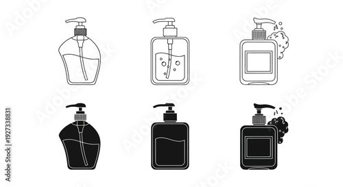 A set of various dispenser bottles illustrated from different viewpoints showcasing diverse designs and functionalities in a clean environment