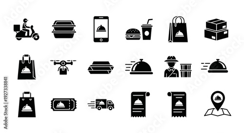Collection of black icons representing food delivery and related services displayed on a clean white background from a straightforward viewpoint