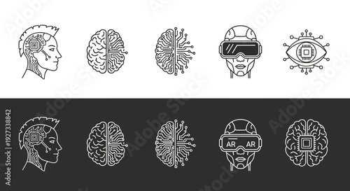 A set of detailed illustrations showcasing human heads and brains in various states, with futuristic and technological elements, displayed on a contrasting background