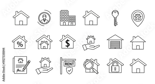Collection of black and white house icons representing real estate concepts like renting, selling, and property management on a clean background