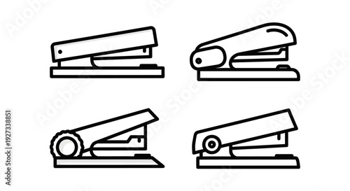 Set of stapler illustrations in different views on a plain background from various viewpoints.